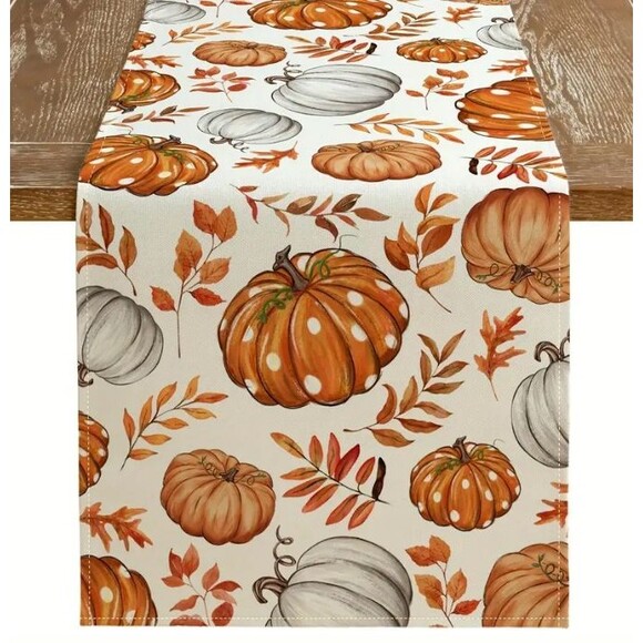 Fall Table Runner 13x72in Woven Polyester Pumpkins Leaves - Picture 1 of 3